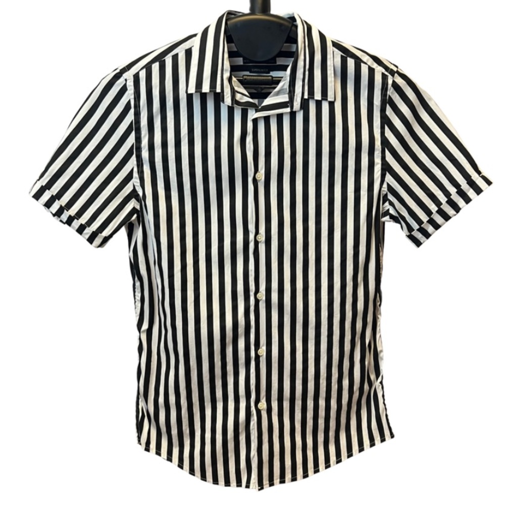 Zara Men’s Super Slim Fit Black and White stripped Short Sleeve Collared Shirt